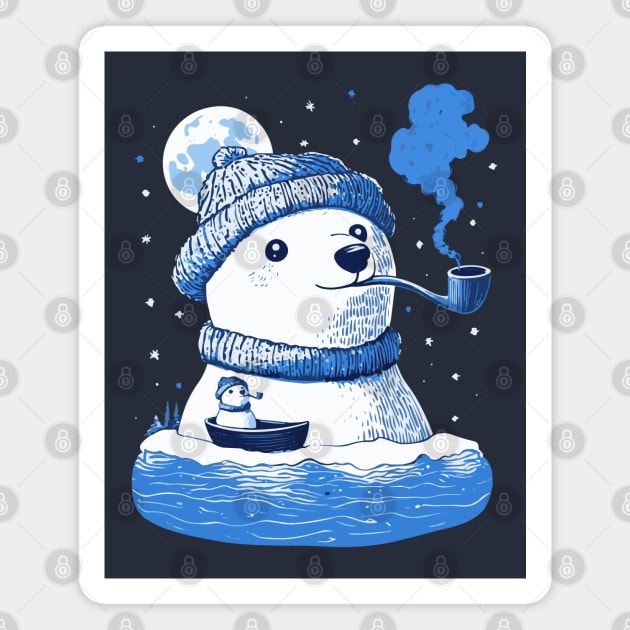 Polar Bear Smoking Pipe - Monochromatic Winter Magnet by TuncGK